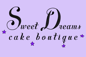 Logo for 'Sweet Dreams Cake Boutique' featuring elegant typography and purple stars on a lavender background.